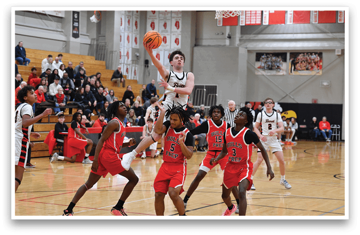 A basketball player is leaping in the air to grab the ball. AI generated content