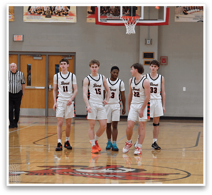 A group of young men wearing basketball uniforms are walking on a basketball court. AI generated content