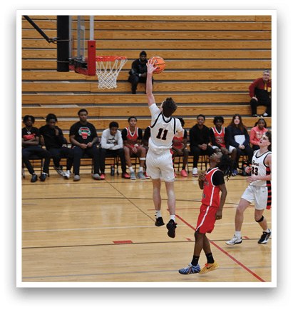 A basketball player leaps into the air to shoot the ball. AI generated content