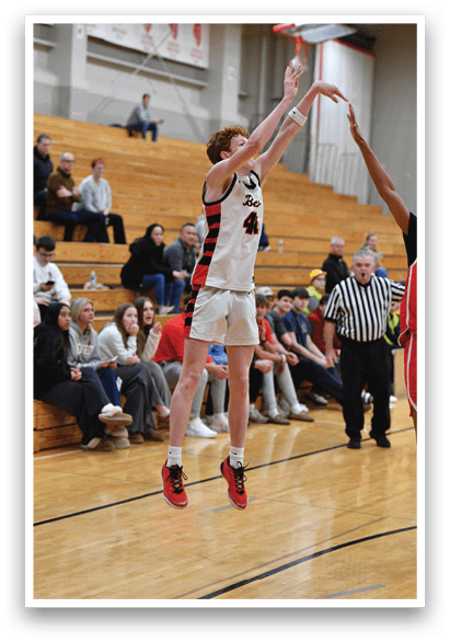 A basketball player is jumping in the air to shoot the ball. AI generated content