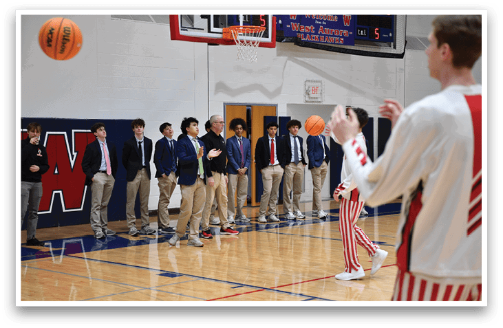 A group of young men are standing on a basketball court, watching a man shoot a basketball. AI generated content