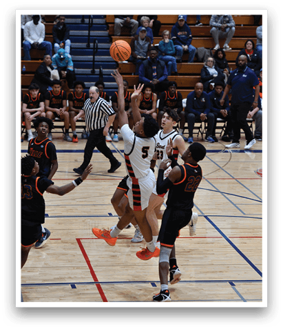 Basketball players on a court, one of them is trying to block the ball. AI generated content