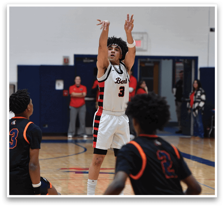 A basketball player is attempting to shoot a basket while another player tries to block him. AI generated content