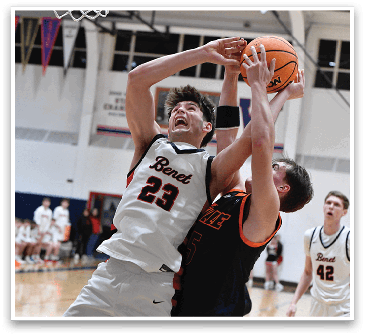 Two basketball players are fighting for a rebound, with one player holding the ball and the other trying to take it away. AI generated content