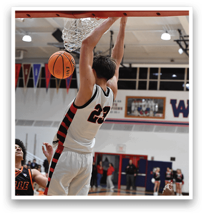 A basketball player is jumping to hit the ball. AI generated content