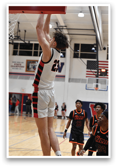 A basketball player is jumping up to hit the ball. AI generated content