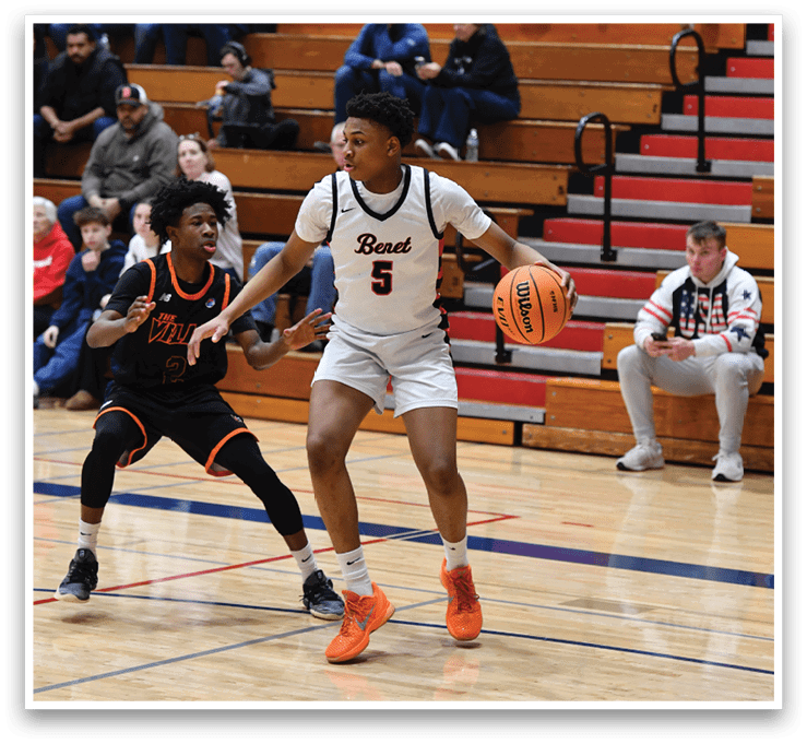 A basketball player is running with the ball while another player tries to block him. AI generated content