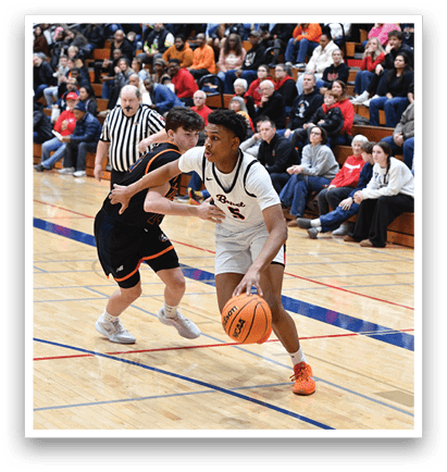 A basketball player is running with a ball in front of a crowd of people. AI generated content