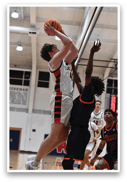 A basketball player leaps in the air to grab the ball. AI generated content