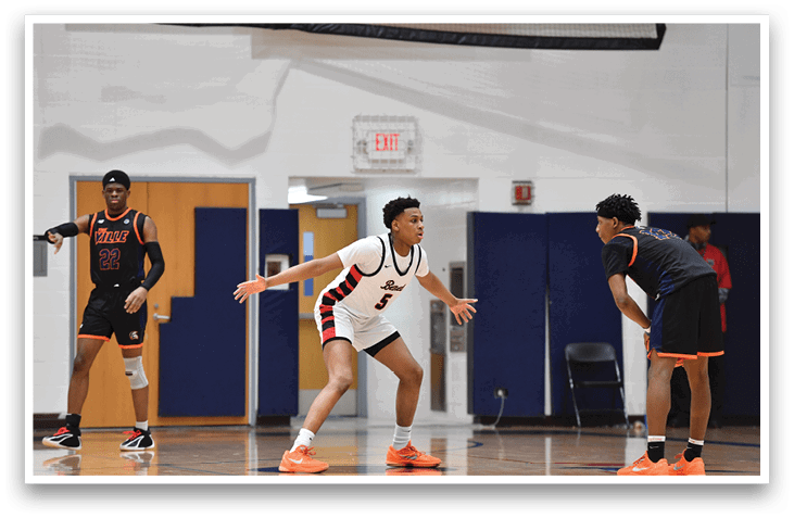Three basketball players are on the court, one of them wearing a white uniform. AI generated content