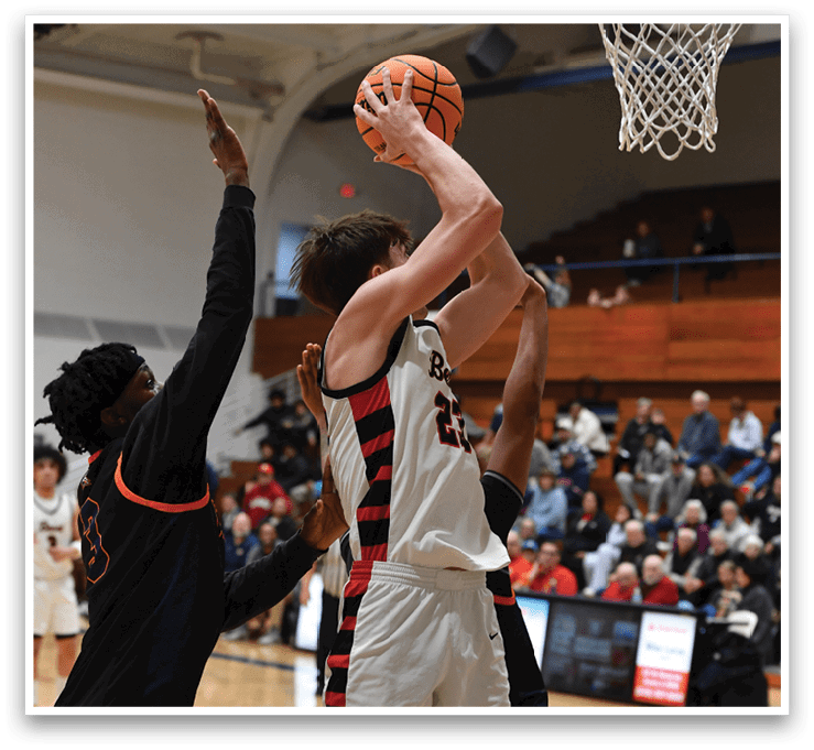 Two basketball players are fighting for a rebound, with one player reaching for the ball. AI generated content