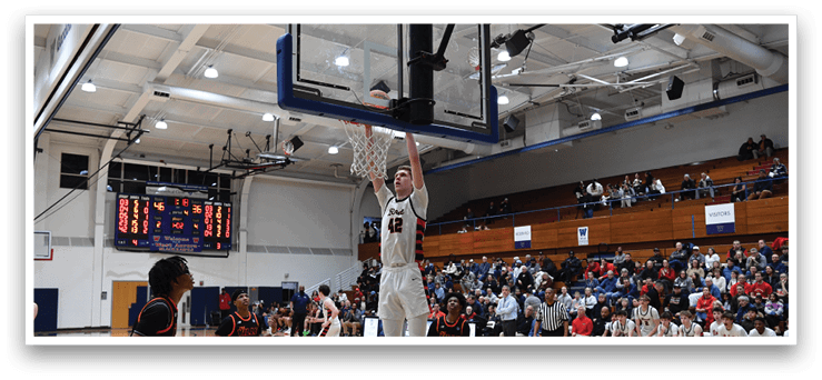 A basketball player leaps in the air to shoot the ball. AI generated content