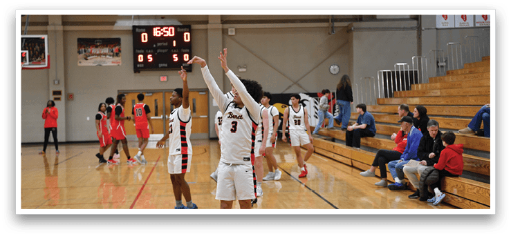 A group of people playing basketball, with one person jumping up to shoot the ball. AI generated content