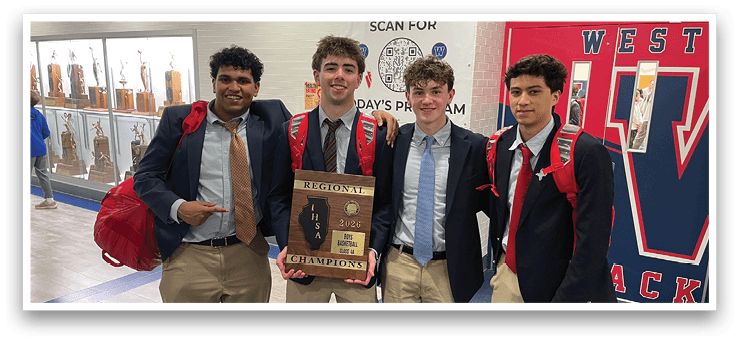 Four young men are standing together, holding a trophy. AI generated content