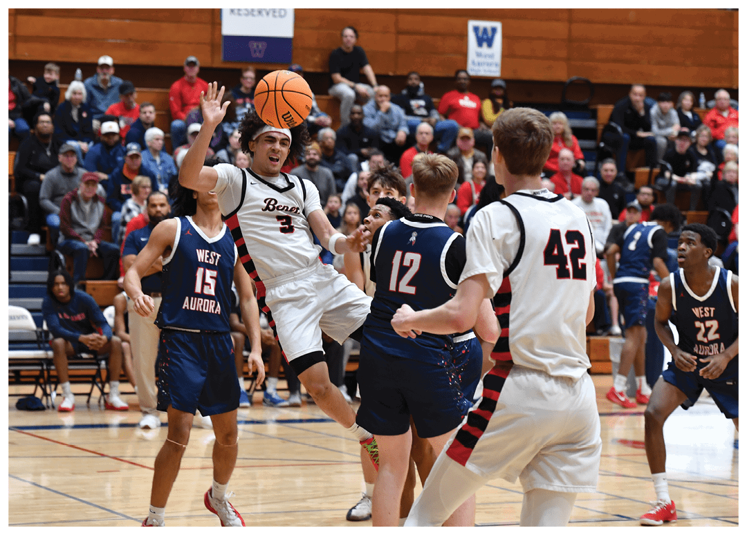 Basketball players on a court, one of them is attempting to shoot the ball. AI generated content