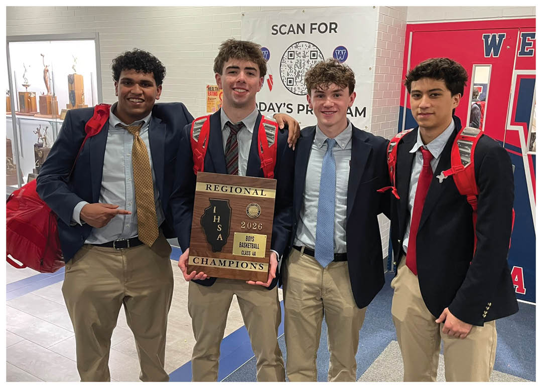 Four young men are standing together, holding a trophy. AI generated content