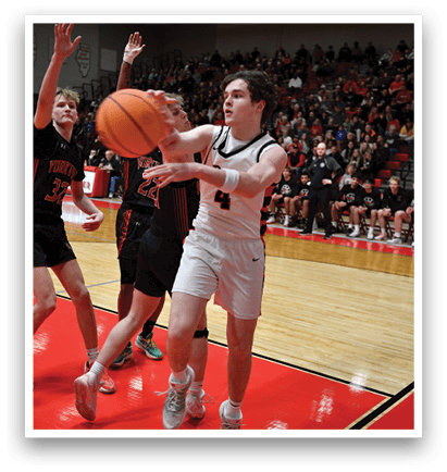 Two basketball players are playing for the ball, one of them is wearing a white uniform. AI generated content