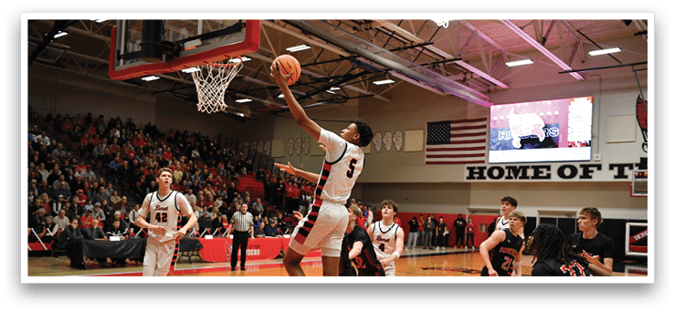 A basketball player is in the air, attempting to dunk the ball. AI generated content