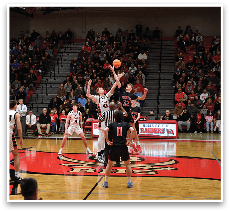 Two basketball players are fighting for the ball in a crowded gym. AI generated content