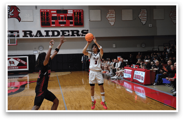 Two basketball players are on the court, one holding a basketball and the other trying to block the shot. AI generated content
