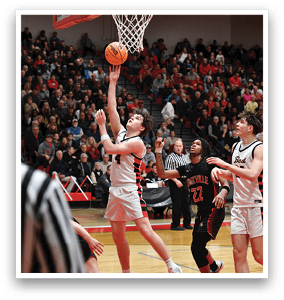 A basketball player is jumping to shoot the ball. AI generated content