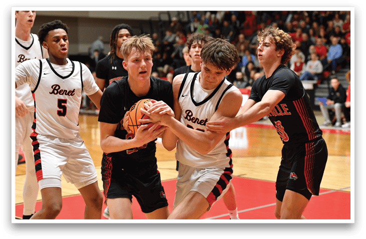 A group of young men playing basketball, one of them holding a basketball. AI generated content