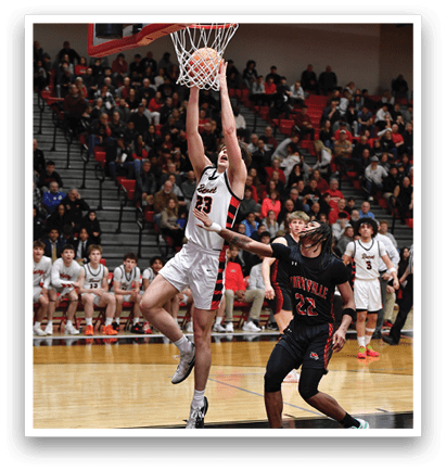 A basketball player is jumping in the air to score a point. AI generated content