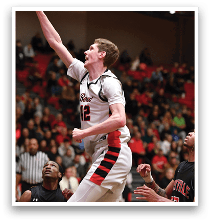 A basketball player is leaping in the air to grab the ball while two other players look on. AI generated content