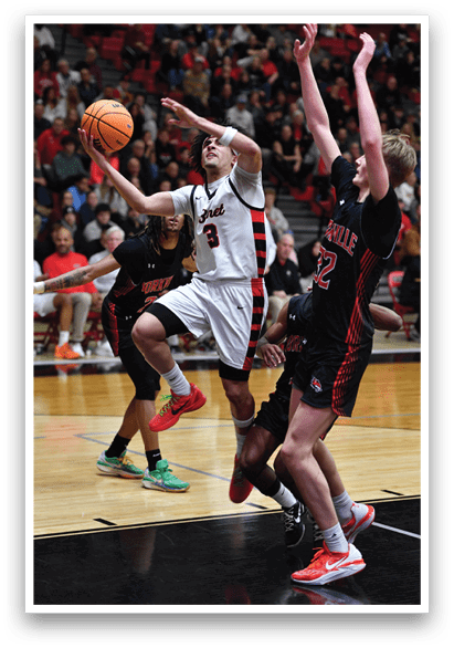 A basketball player is attempting to block a shot, while the ball is in the air. AI generated content