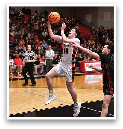 Two basketball players are competing for a rebound. AI generated content