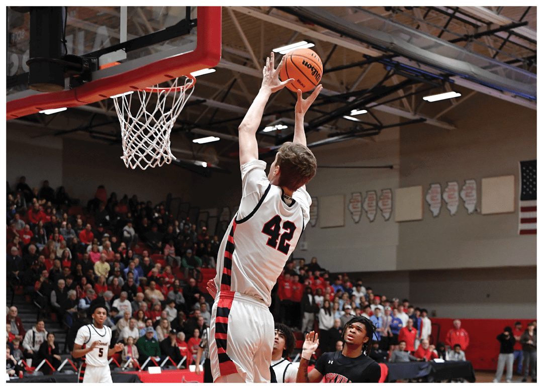 Two basketball players are fighting for the ball, with one player attempting to shoot the ball through the hoop. AI generated content
