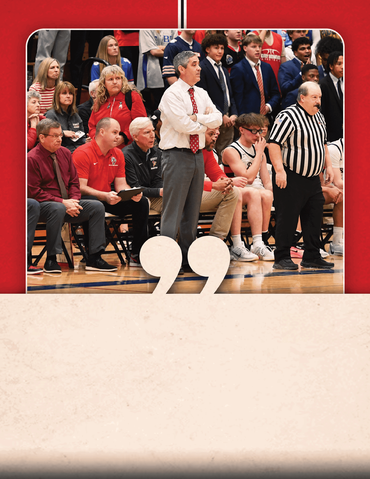 A group of people are sitting in chairs, watching a game. A man is standing, wearing a red tie and a white shirt. The referee is wearing a black shirt and a white hat. AI generated content