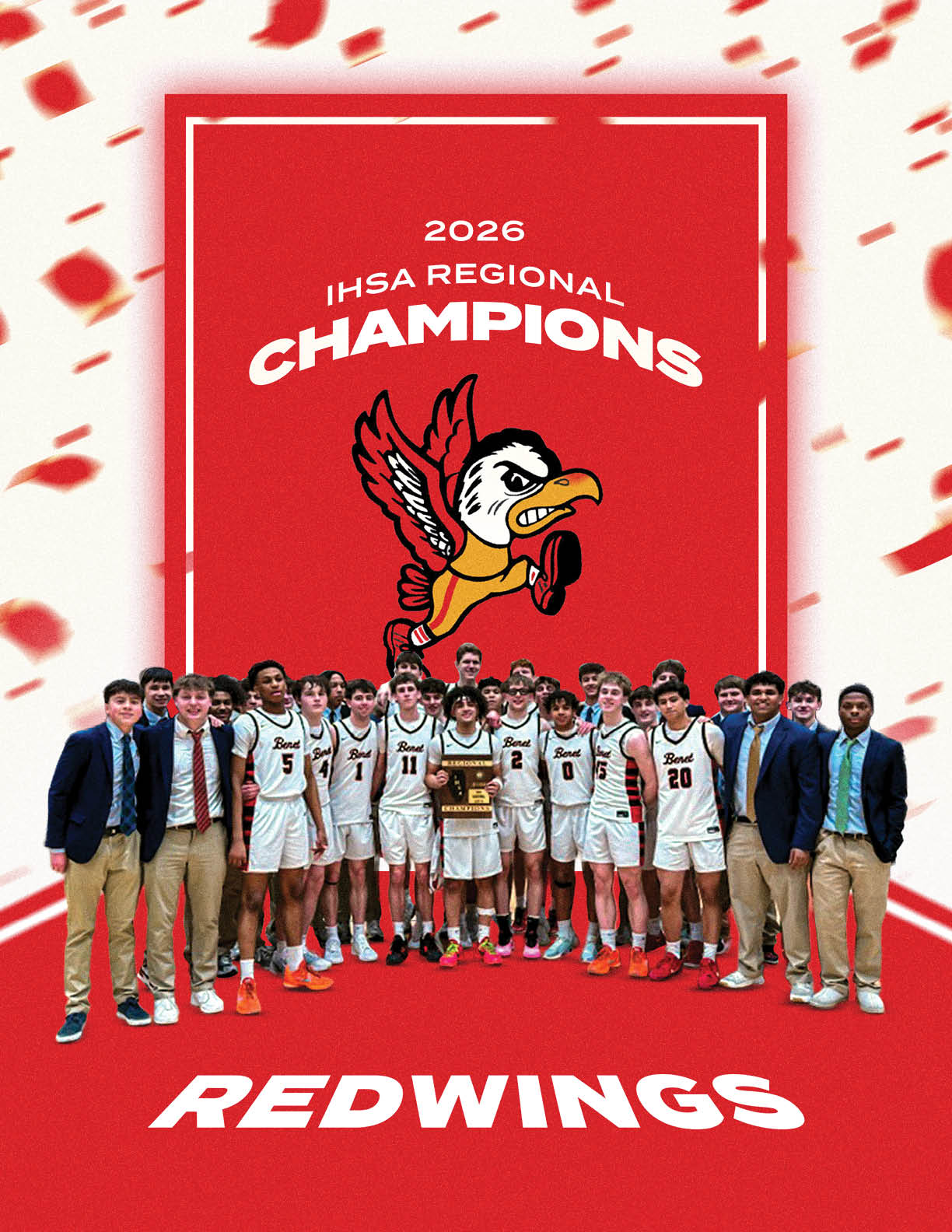 A group of young men pose for a photo in front of a banner that says “Redwings". AI generated content
