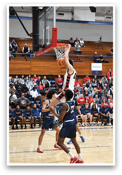 A basketball player is dunking the ball in a game. AI generated content