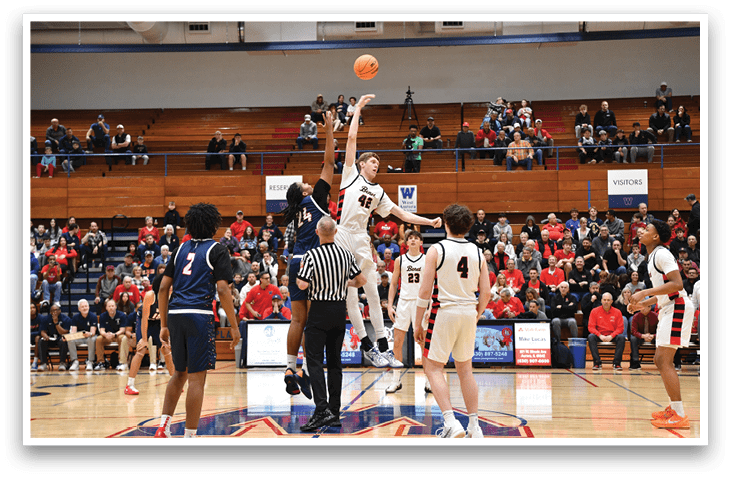 Basketball players are fighting for the ball in a game. AI generated content