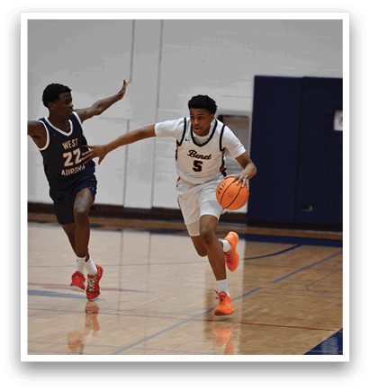 Two men are playing basketball, one is running with a basketball in his hand and the other is trying to block him. AI generated content