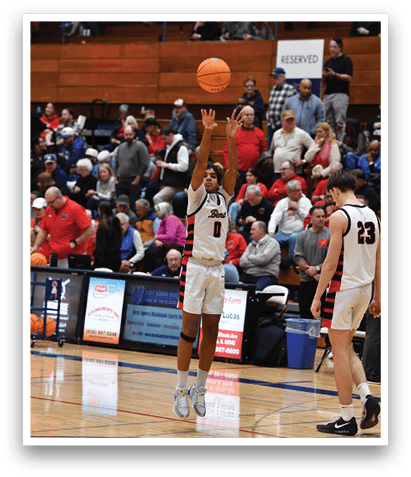 Two basketball players are on the court, one holding a basketball and the other reaching for it. A crowd of people watches the game. AI generated content