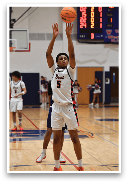 A basketball player is reaching for a ball in a gym. AI generated content