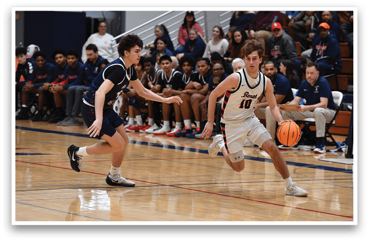 Two basketball players on a court, one holding a ball and the other trying to block him. AI generated content