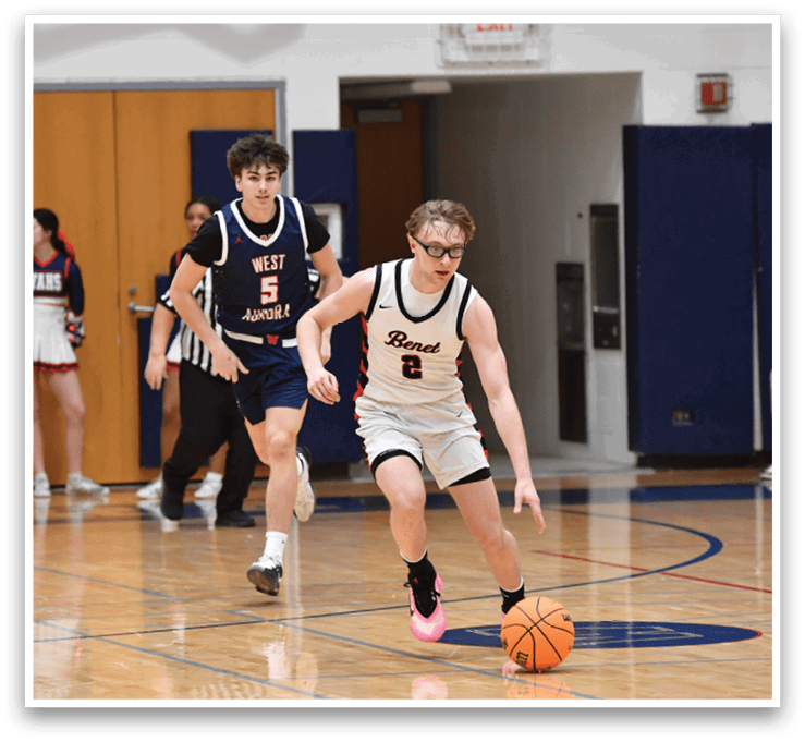 A basketball player is running with the ball, while other players watch. AI generated content