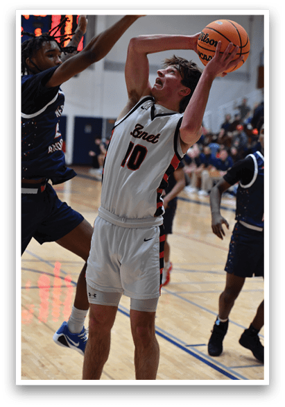 A basketball player is attempting to block a shot by another player. AI generated content