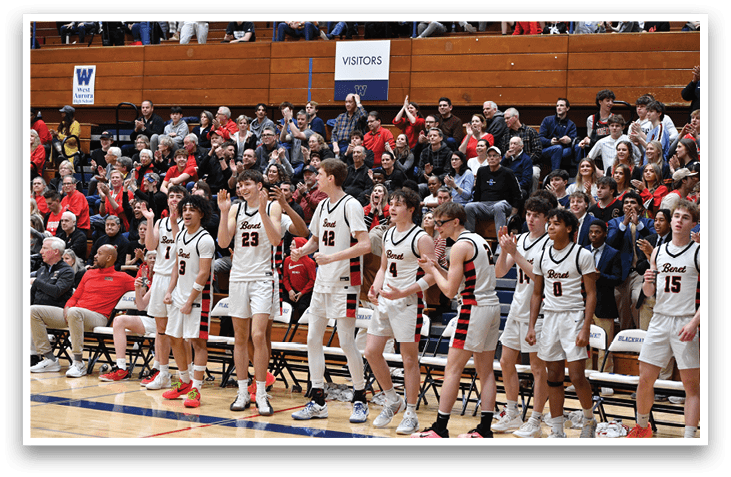 A group of young men in uniforms are standing on a basketball court, waving to the crowd. AI generated content
