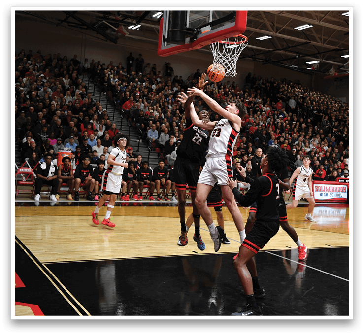 A basketball player is leaping in the air to block a shot, while the crowd watches intently. AI generated content