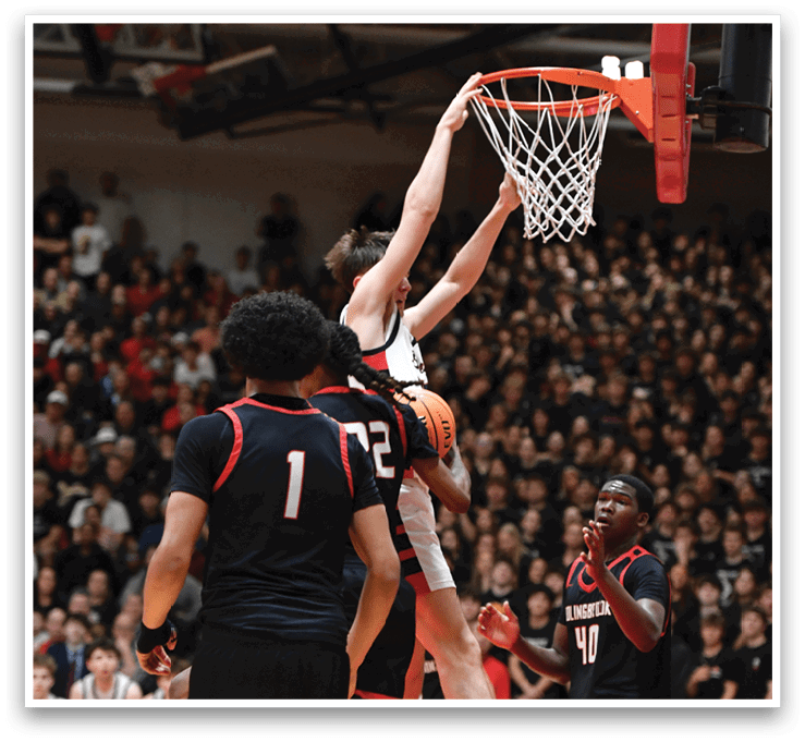 A basketball player is leaping into the air to dunk the ball. AI generated content