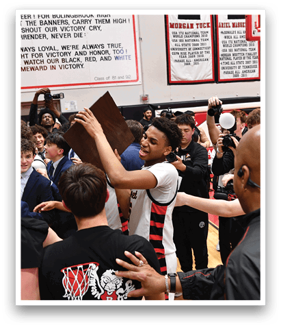 A group of people are gathered around a man holding a trophy. AI generated content