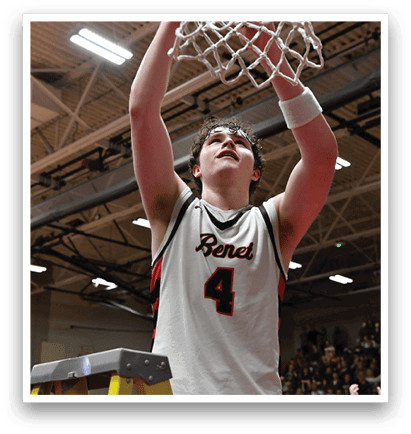 A basketball player wearing a white jersey with the number 4 on it is reaching up to grab a basketball. AI generated content