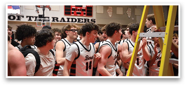 A group of young men are gathered around a ladder, with one man climbing it. They are wearing sports uniforms and are likely part of a basketball team. AI generated content
