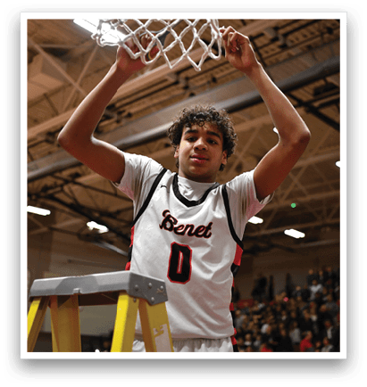 A basketball player holds up a net in the air. AI generated content