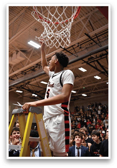 A basketball player is dunking a basketball through a hoop. AI generated content