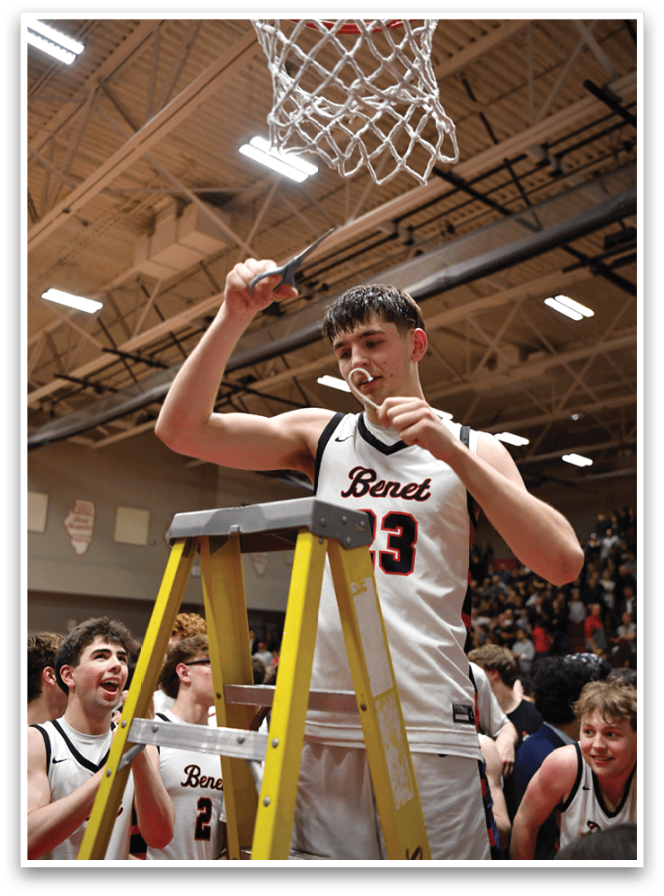 A basketball player is holding a pair of scissors and cutting a net. AI generated content